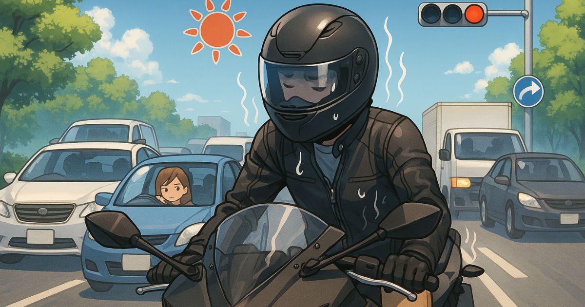 GW渋滞でバイクが信号待ちに巻き込まれ、炎天下で汗をかくライダーの苦悩シーン