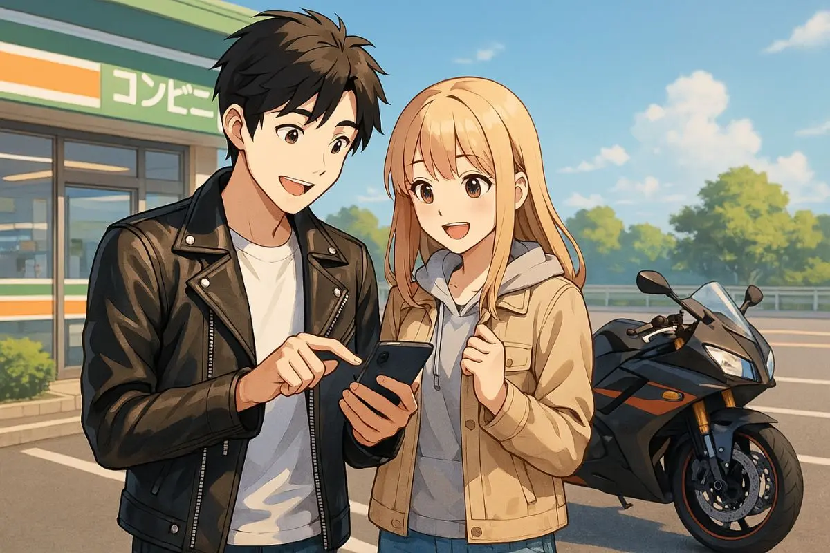 ツーリング前にスマホでナビ設定を確認するバイクカップル。コンビニ駐車場でルートを相談する様子は、渋滞回避テクニックの実践例。
