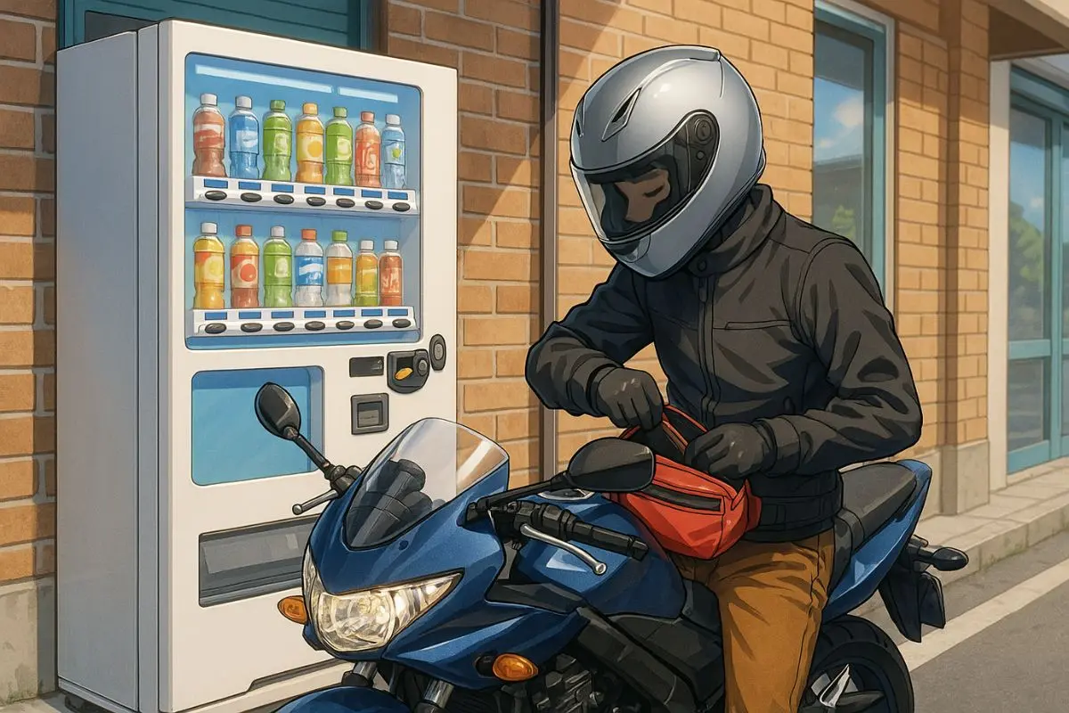 自動販売機の前でウェストポーチから財布を取り出すツーリング中のバイクライダー。休憩時の装備工夫と暑さ対策の重要性を示すシーン。