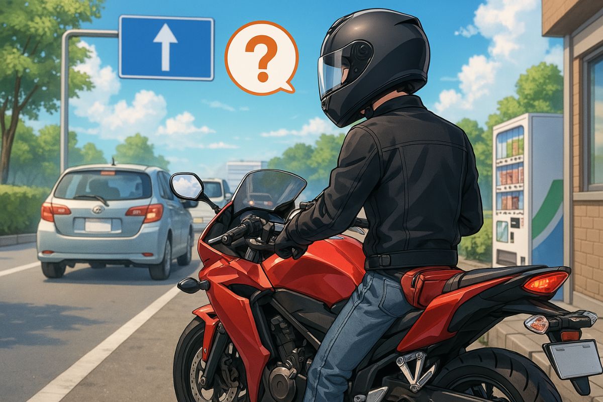 ルート選択に迷うライダーの後ろ姿。渋滞回避やナビ設定など、バイク初心者が抱えるよくある疑問を象徴するシーン。