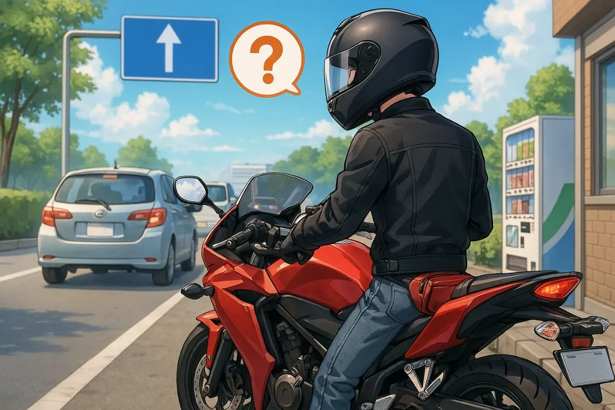 ルート選択に迷うライダーの後ろ姿。渋滞回避やナビ設定など、バイク初心者が抱えるよくある疑問を象徴するシーン。