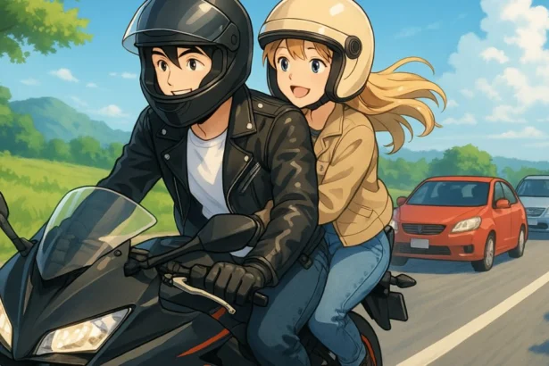 GW渋滞を回避して快走するバイクのカップルライダー