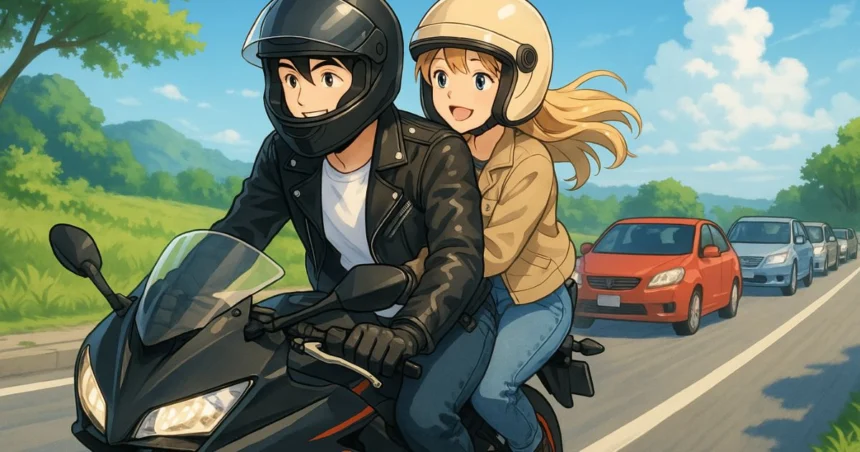 GW渋滞を回避して快走するバイクのカップルライダー