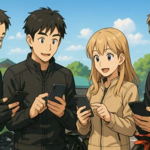 初夏の道の駅で集合した4人のライダーがスマホでバイクナビのルートを打ち合わせている様子