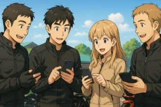 初夏の道の駅で集合した4人のライダーがスマホでバイクナビのルートを打ち合わせている様子