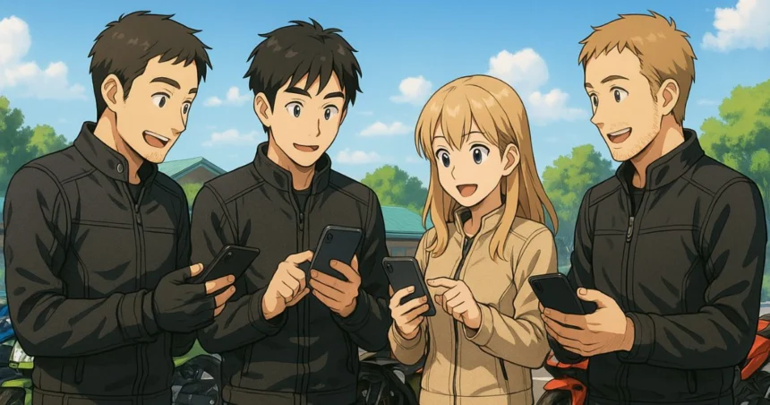 初夏の道の駅で集合した4人のライダーがスマホでバイクナビのルートを打ち合わせている様子