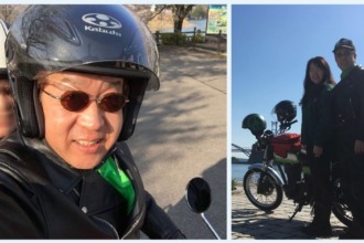 筆者と妻が早春の晴天の中、昼下がりに仲良くタンデムツーリングを楽しむ様子の写真
