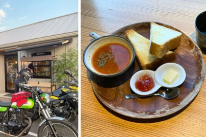 大分県日田市のライダーズカフェ「コルセベース」前に並ぶバイクと、店内で提供されるトースト・スープのモーニングセット