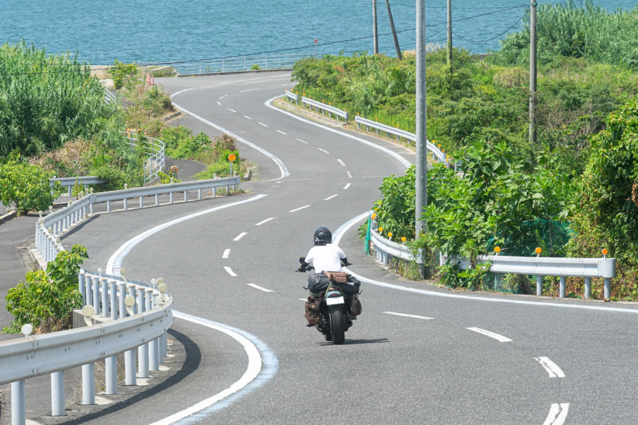 ヒャッホー坂を海に向かって疾走するXL883Rとカゲ美。